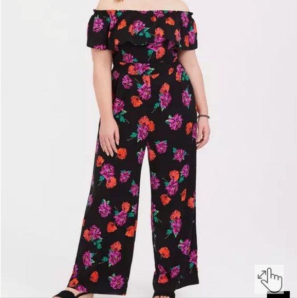 torrid Pants - Torrid Black Floral Off The Shoulder Challis Jumpsuit Size 4